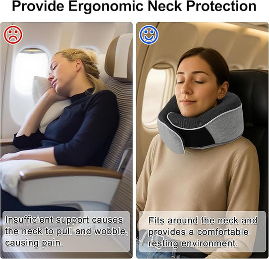 VOCOSTE Neck Pillow for Airplane Travel, Ergonomic Memory Foam Support for Long Flights, with Eye Mask & Earplugs, Home & Office Nap, Gifts for Frequent Flyer, Light Gray