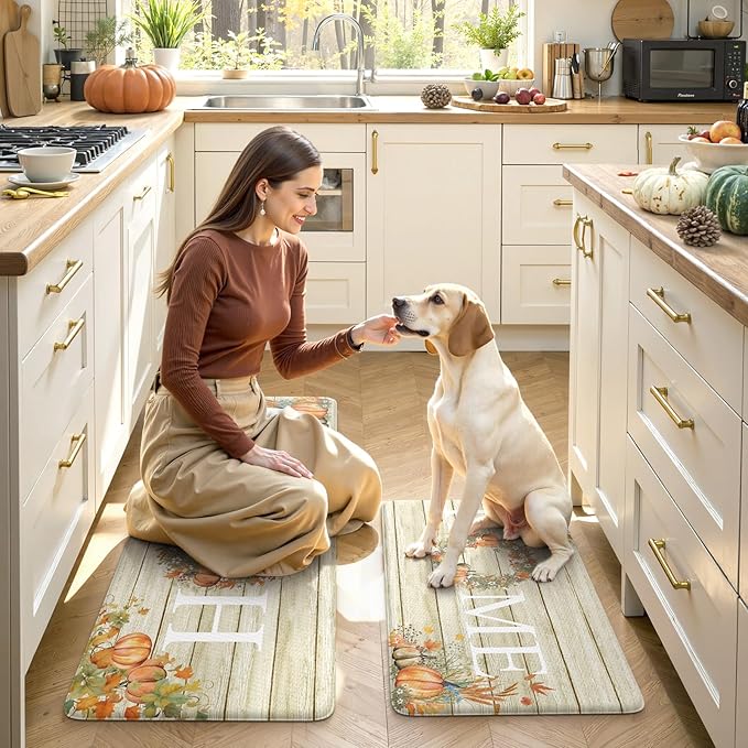 KIMODE Fall Kitchen Mat for Floor Anti Fatigue, Pumpkin Orange Kitchen Mats 2 PCS, Autumn Farmhouse Kitchen Rugs Non Slip, Cushioned Kitchen Floor Mats for Sink, Laundry, Desk 17"x47"+17"x29"