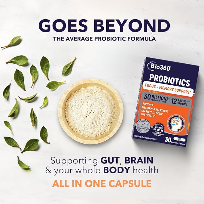 Cognitive Support Probiotic for Brain Health, Digestive, Immune Health & Mental Energy, 30 Billion, 10 Probiotics, 25X Green Tea Extract, Magnesium & Vitamin B5, B6 & B12, 30CT