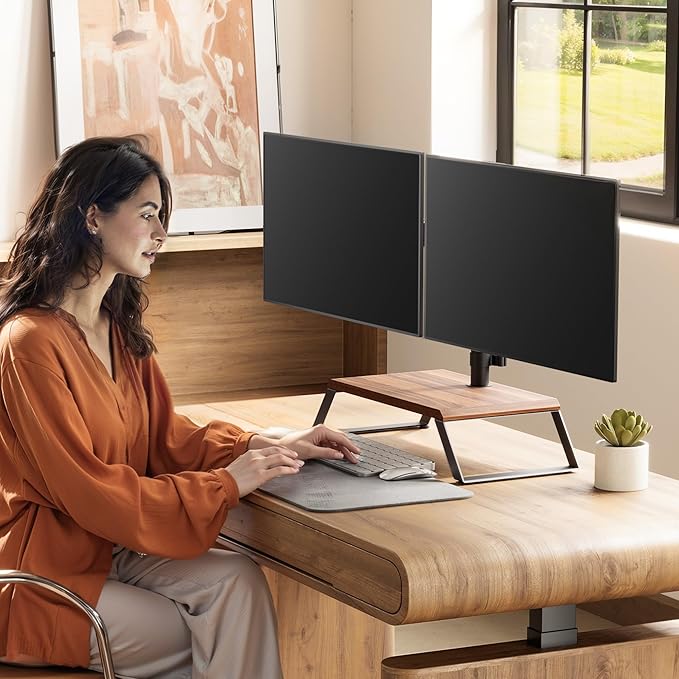 Dual Monitor Stand Riser for 12-27 Inch Computer Screens, Freestanding Double Monitor Stand for Desk, Adjustable Dual Monitor Mount Each Arm Hold up to 22lbs, VESA 75x75/100x100mm