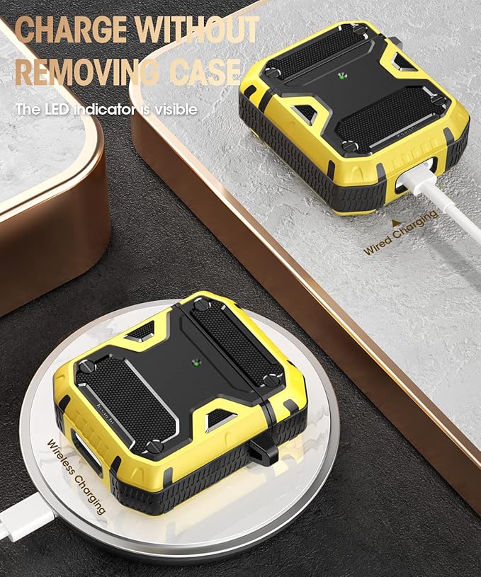 Koaichi Compatible with AirPods Case, Full-Body Rugged Hard Shell Protective Case Cover with Keychain Designed for AirPods 1st & 2nd, Black/Yellow