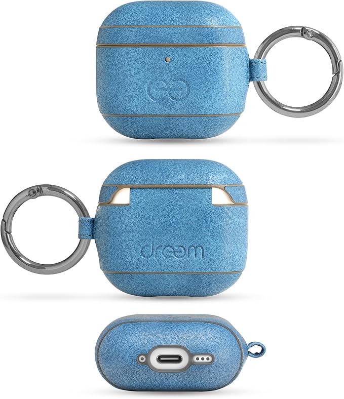 Dreem Om Case Cover with Keychain Clip Compatible with AirPods 4 for Apple AirPods 4th Generation, Vegan Leather AirPod Case for Men & Women, Luxury Earbuds Accessory for iPhone - Sky Slate
