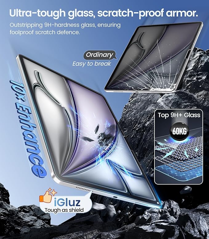 iGluz 2 Pack iPad Air 11-inch Screen Protector with M3/M2 2025/2024 (7th/6th Gen.) 9H+ Tempered Glass Screen Protector with Easy-Install Box,Apple Pencil Compatible,HD Clarity,Scratch Resistant