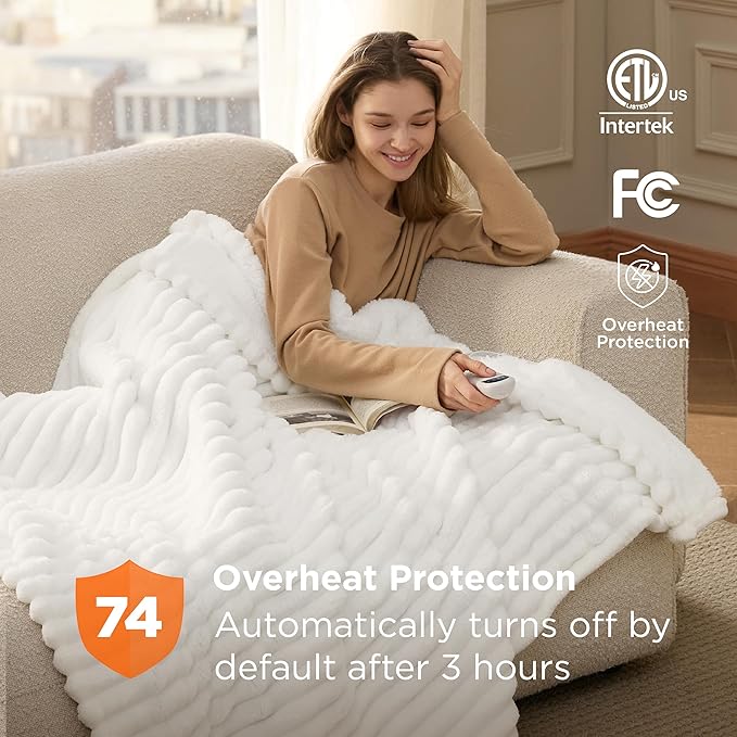 Bedsure Heated Blanket Electric Throw - Thick Striped Flannel Electric Blanket, Heating with 4 Time Settings, 6 Heat Settings, and 3-Hour Timer Auto Shut Off, Gift for Grandma (50x60 inches, White)