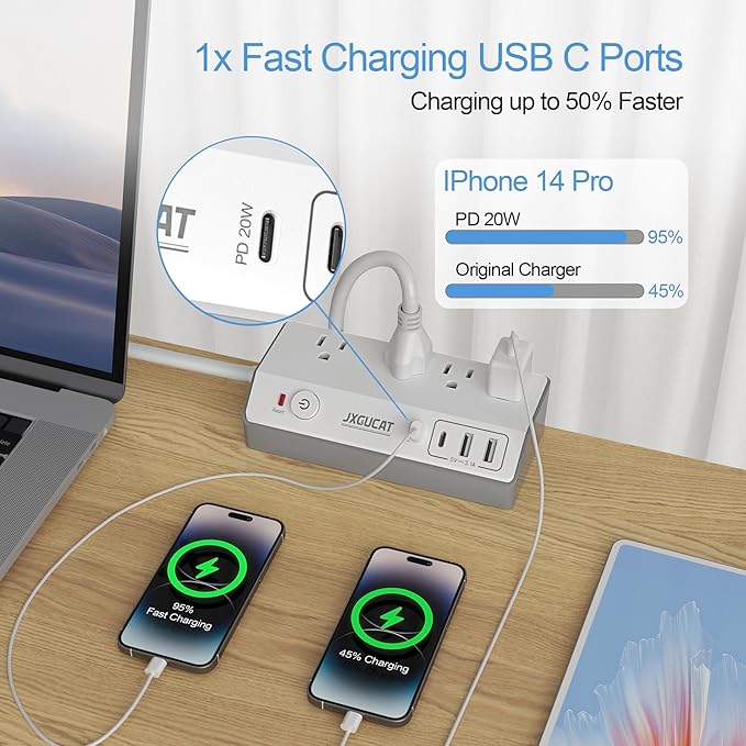 Desk Clamp Power Strip with USB C, JXGUCAT PD 20W Fast Charging Power Station, Removable Desk Clamp Mount Power Strip Surge Protector, 10 ft Cord with 4 Outlet 4 USB Ports, Fit 1.8" Tabletop Edge