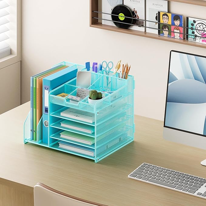 Lavatino 5-Tier Desk Organizer with 2 File Holders, Metal Adjustable Paper Letter Tray for Office or Home Desk Organizers and Accessories | 7 Flexible Dividers Keep Workspace Supplies Neat, Blue