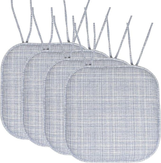 Sweet Home Collection Chair Cushion Memory Foam Pads with Ties Honeycomb Pattern Slip Non Skid Rubber Back Rounded Square 16" x 16" Seat Cover, 4 Pack, Aria Silver/Blue