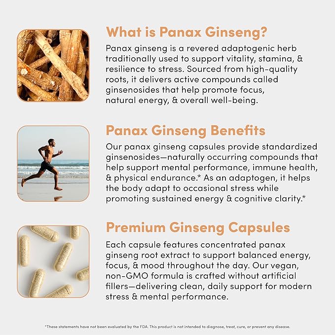 Panax Ginseng Peak 500 mg - Supports Mental Clarity, Energy & Focus - Panax Ginseng Steam & Leaf Extract Supplement for Women & Men - Vegan, Gluten Free, Dairy Free, Non-GMO - 30 Capsules