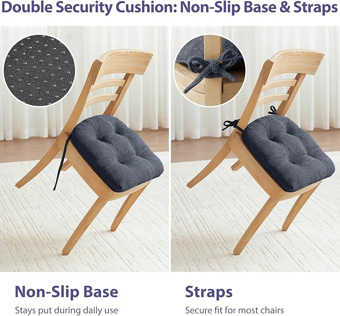 Chair Cushions Set of 6 for Dining Chairs, 16.5"x15.5" Kitchen Chair Pads with Memory Foam, Non-Slip Bottom & Ties, Tufted Indoor Seat Cushions for Home Use – Navy