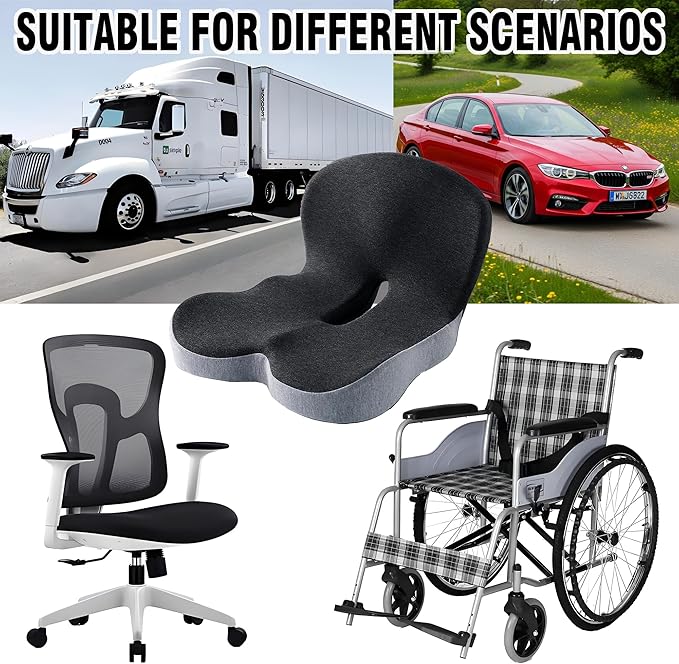 Memory Foam Seat Cushion for Truck Drivers, Office Chairs & Car Seats Back Support Sciatica Relief Pillow for Tailbone Ergonomic Pressure Relief Pad for Long Sitting & Driving (Dark Gray)