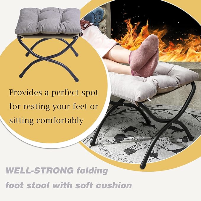15" Foldable Foot Stool Ottoman with Metal Frame - Washable Light Grey Upholstered Indoor/Outdoor Footrest for Living Room, Bedroom, Patio - Space-Saving Compact Design