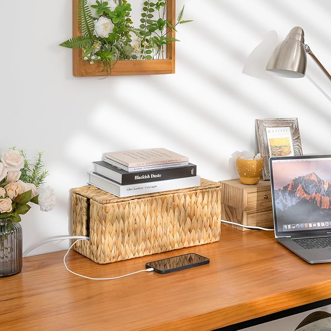 StorageWorks Large Cable Management Box, 2 Slots Wicker Cable Organizer to Hide Cords and Power Strip, Water Hyacinth Cord Hider Box for Home & Office