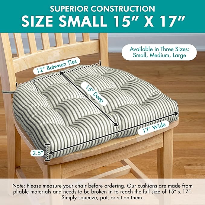 Barnett Home Decor Ticking Stripe Black Dining Chair Pad with Ties - Pack of 2-17" x 15" Size Small Chair Cushion - Latex Foam Fill - Machine Washable, Reversible, 100% Cotton, Made in USA