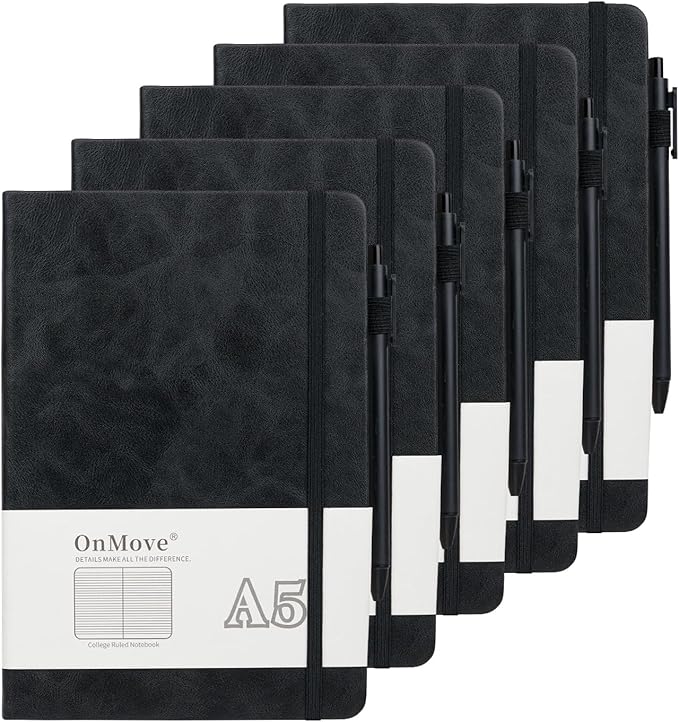 Notebooks Journal for Women Men 5 Pack Bulk Leather Hardcover with Pen Holder A5 160 Pages 100 GSM Thick Paper for Work School Lined Black