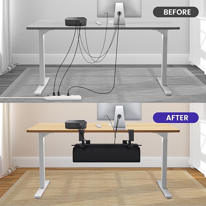 Under Desk Cable Management Tray, Clamp-On Cord Organizer，No Drilling Required, Holds Up to 22 lbs, for Cords, Routers, Power Strips (Black, 28.4inch)