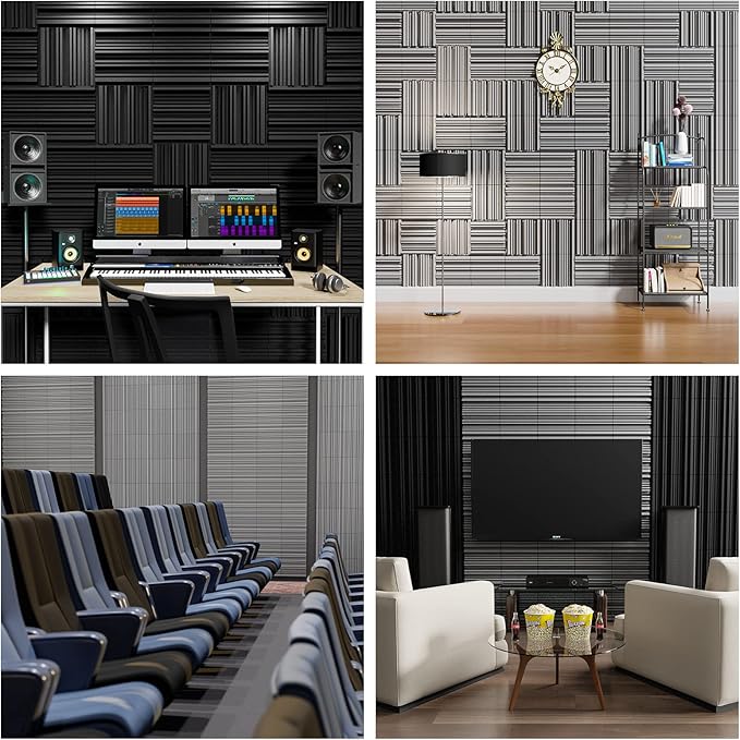 12 Pack Self-Adhesive Sound Proof Foam Panels,12 X 12 X 2 inches Acoustic Foam,High Resilience Sound Proofing Padding for Wall,Sound Absorbing Panels Suitable for Home Studios, Offices - Black & Gray