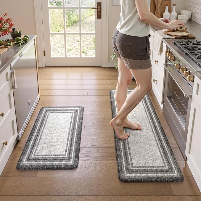 KIMODE Anti Fatigue Kitchen Mats for Floor 2PCS,17"x47"+17"x29" Farmhouse Kitchen Rugs Non Slip Rubber Backing,Waterproof Cushioned Standing Mat for Office,Laundry,Sink,Desk,Grey