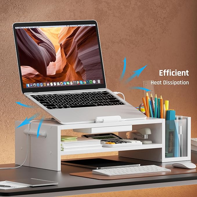 Adjustable Wood Laptop Stand, Ergonomic Height & Angle Stand with Pen Holder – Compatible with MacBook Air/Pro, Dell, HP, Lenovo & 10-17.3" Laptops – White