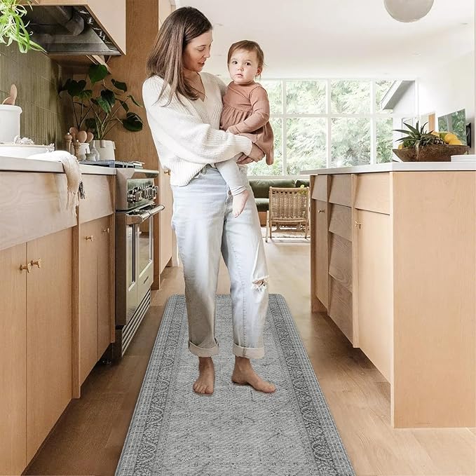 KIMODE Anti Fatigue Kitchen Mat, Cushioned Farmhouse Kitchen Runner Rug, Non Slip Waterproof Kitchen Mat for Floor, Comfort Foam Standing Desk Mat for Laundry, Office, Sink Grey 17.3"x59"