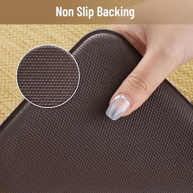 KIMODE Anti Fatigue Cushioned Kitchen Mats for Floor 2 Piece, Boho Vintage Kitchen Rugs Non Skid, Comfort Memory Foam Standing Desk Mats for Laundry Office Sink 17.3"x29"+17.3"x59" Brown/Khaki