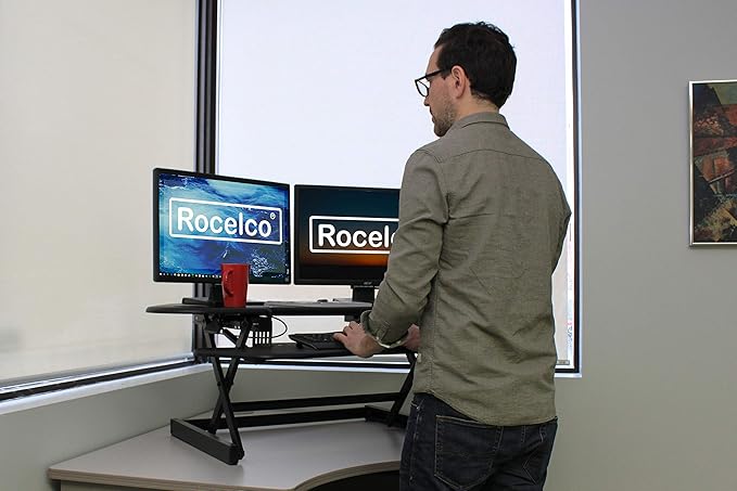 Rocelco 46" Height Adjustable Corner Standing Desk Converter with Anti Fatigue Mat BUNDLE, Quick Sit Standup Dual Monitor Riser, Computer Workstation-Keyboard Tray, (R CADRB-46-MAFM), Black