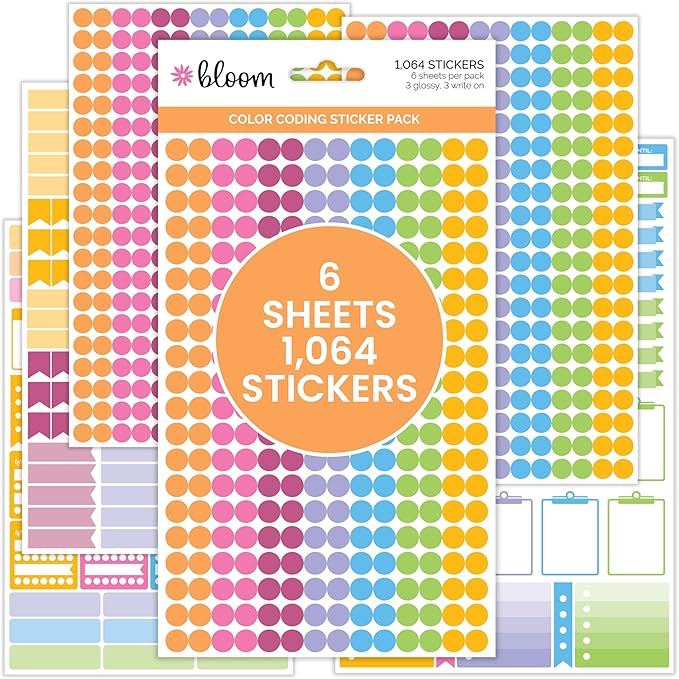 bloom daily planners Color Coding Planner Stickers - 1/4" Dot Labels - Six Sheets, 1000+ Stickers Per Pack!