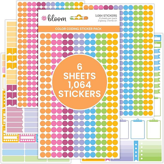 bloom daily planners Color Coding Planner Stickers - 1/4" Dot Labels - Six Sheets, 1000+ Stickers Per Pack!