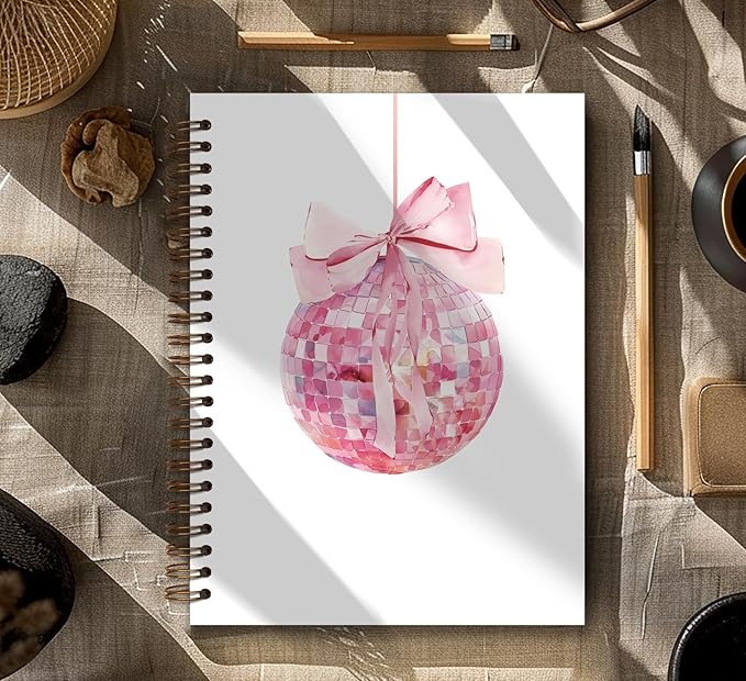 Coquette Pink Notebook Journal,Funky Retro Pink Coquette Bow Disco Ball Preppy Aesthetic Journal Notebook for Note Taking, Cute Girly Notebook,Pink Office Supplies,Spiral Notebook 5.5x8.3 Inch
