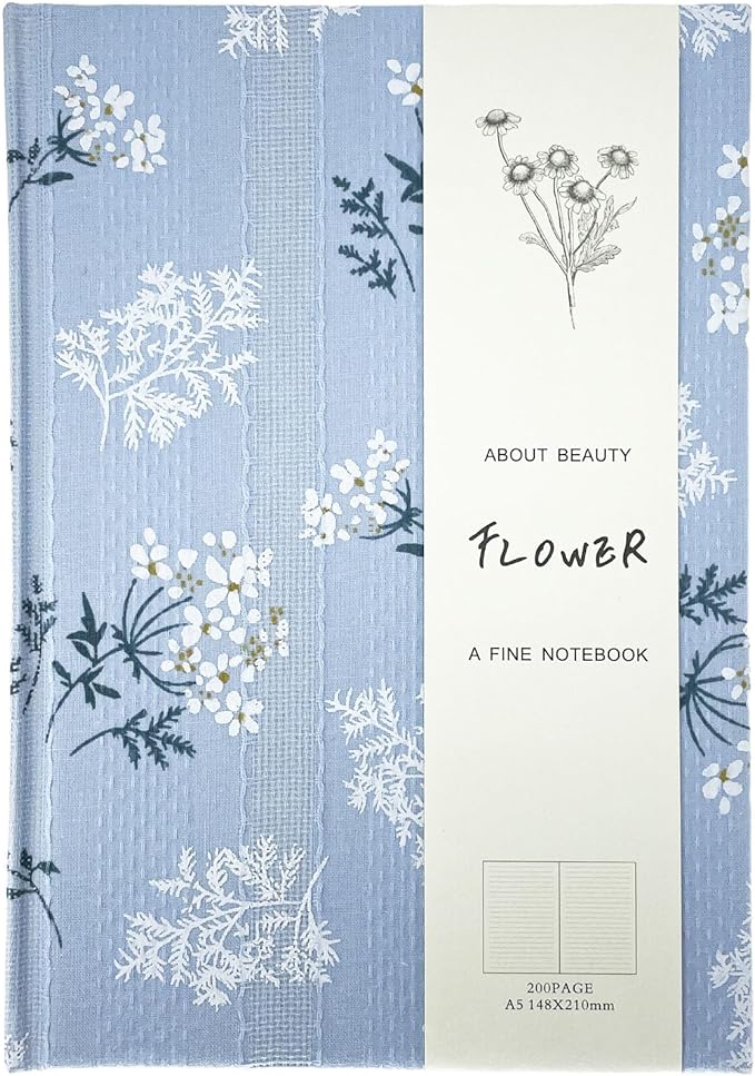 Floral Hardcover Journal for Writing, Lined Notebook for women, A5, 200 Pages, 6x8 Medium Size Notebook, Floret Printed Fabric Linen Personal Journal, Lay Flat Notebook, Reading Journal, Blue.