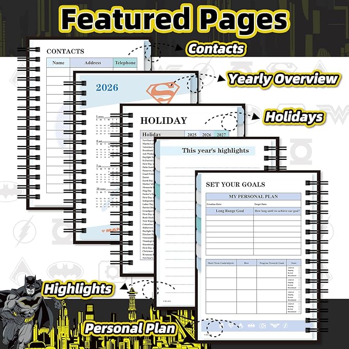 Hardcover Spiral Notebook Journal with 12 Dividers Tabs Weekly&Monthly Planner Productivity Journal Superhero Theme Leather Organizer for Work School Adults Teens and Professionals (BATM-BLACKYELLOW)