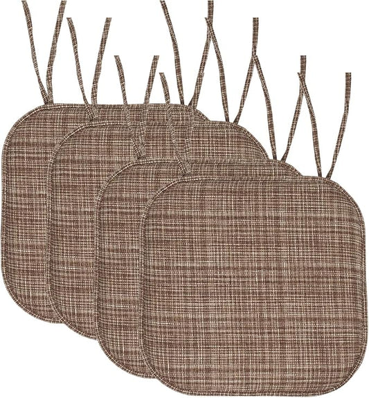 Sweet Home Collection Chair Cushion Memory Foam Pads with Ties Honeycomb Pattern Slip Non Skid Rubber Back Rounded Square 16" x 16" Seat Cover, 4 Pack, Aria Dark Brown