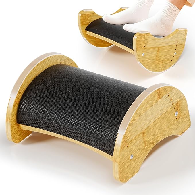 Bamboo Foot Rest for Under Desk at Work, Reversible Ergonomic Rocking Office Foot Rest, 6 Heights Adjustable & Non-Slip Mats with Foam Cushion, Under Desk Footrest for Home Office