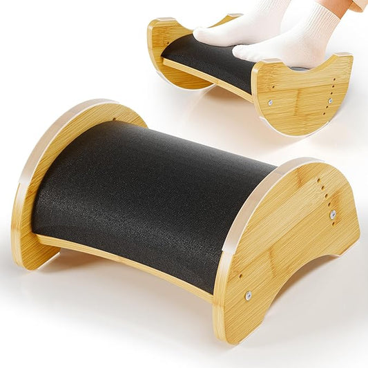 Bamboo Foot Rest for Under Desk at Work, Reversible Ergonomic Rocking Office Foot Rest, 6 Heights Adjustable & Non-Slip Mats with Foam Cushion, Under Desk Footrest for Home Office