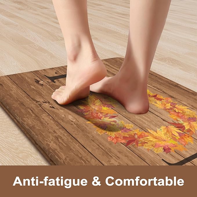 KIMODE Fall Kitchen Mat Anti Fatigue, Farmhouse Maple Leaves Kitchen Rugs Sets of 2, Autumn Cushioned Kitchen Floor Mats, Comfort Kitchen Rugs Non Slip for Floor Sink, Laundry, Desk 17"x47"+17"x29"