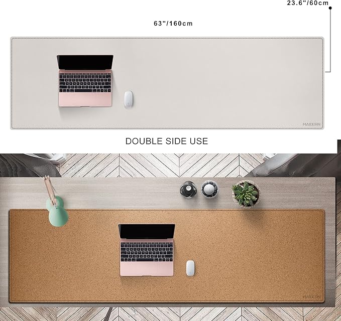 MAIDERN Cork & Leather Desk Mat, 63' x 23.6', Dual Sided Pad Protector for Gaming and Home Office (Cream)