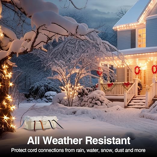 RESTMO Outdoor Electrical Box, IP54 Weatherproof Extension Cord Cover with 6 Cable Entry Ports, Waterproof Connection Box Protect Power Strip, Timer, Plug, Holiday Lights, (11.5x5.2x4 inch), Almond