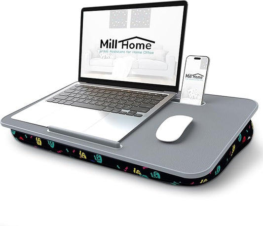 Millhome Lap Desk | Portable Laptop Desk – Fits Up to 17.3" Laptops – Detachable & Washable Cushion, Phone Holder, Device Ledge – for Writing, Working, Reading on Bed, Couch, Sofa, Floor – Black Skull