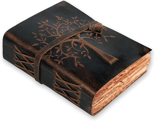 LEATHER VILLAGE Tree of Life Journal - 6 X 4 (A6) inches - Rustic Brown - 200 Antique Deckle Edge Handmade Paper – Book of Shadows - Vintage Leather Bound Journal for Women & Men