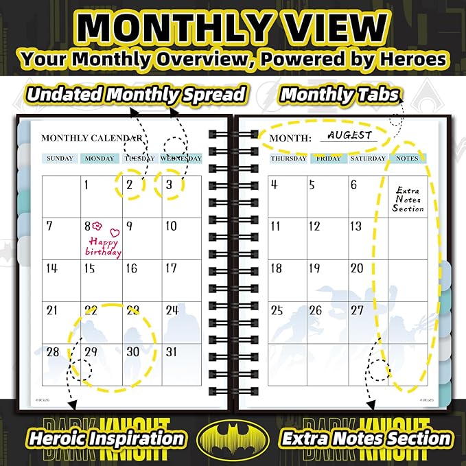 Hardcover Spiral Notebook Journal with 12 Dividers Tabs Weekly&Monthly Planner Productivity Journal Superhero Theme Leather Organizer for Work School Adults Teens and Professionals (BATM-BLACKYELLOW)