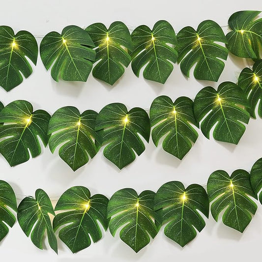 RECUTMS Artificial Tropical Palm Leaves String Lights, Large Size 20 LED Monstera Leaf Wall Hanging Vine Greenery,Outdoor Indoor Hawaiian Luau Jungle Beach Safari Baby Shower Party Spring Summer Decor