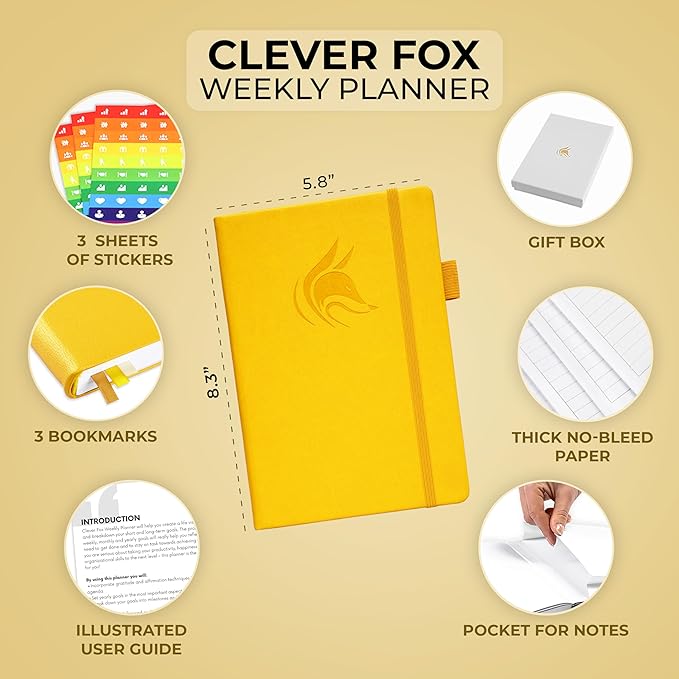Clever Fox Planner – Undated Weekly & Monthly Planner for Productivity, Time Management & Goals – Organizer Journal – A5 (Amber Yellow)