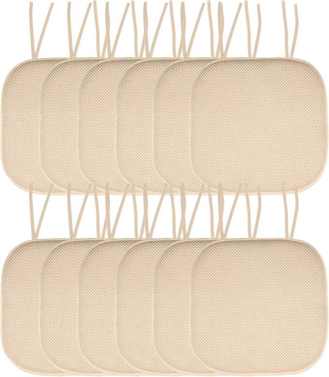 Sweet Home Collection Chair Cushion Memory Foam Pads with Ties Honeycomb Pattern Slip Non Skid Rubber Back Rounded Square 16" x 16" Seat Cover, 12 Pack, Linen 12 Pack