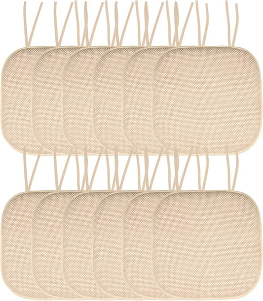 Sweet Home Collection Chair Cushion Memory Foam Pads with Ties Honeycomb Pattern Slip Non Skid Rubber Back Rounded Square 16" x 16" Seat Cover, 12 Pack, Linen 12 Pack