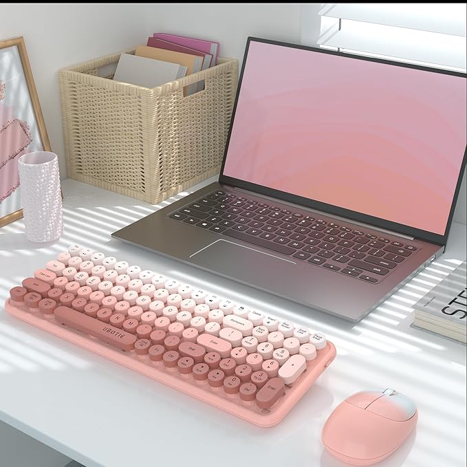 Wireless Keyboards and Mouse Combos, UBOTIE Colorful Gradient Rainbow Colored Retro Typewriter Flexible Keyboard, 2.4GHz Connection and Optical Mouse(Peach Gradient)