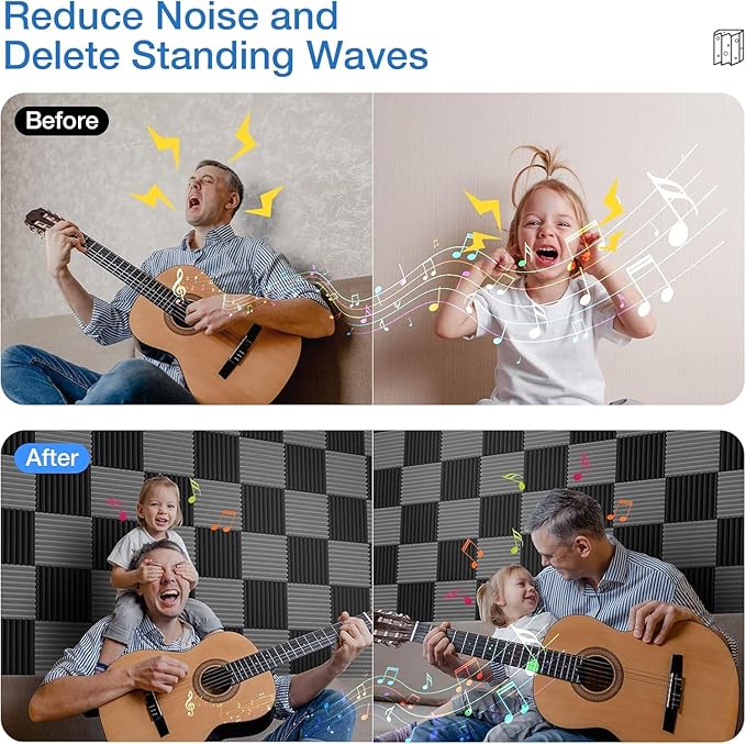 12 Pack Self-Adhesive Acoustic Panels - 1”X 12”X 12”Wall Panels - Quick-Recovery and High Density Sound Panels - Sound proof Acoustic Foam for Home Studio - Black and Gray