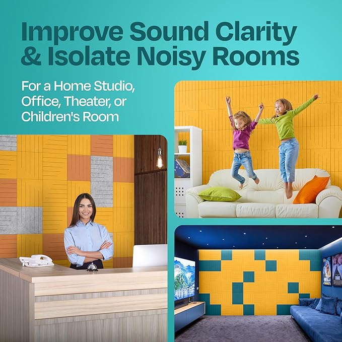 Acoustic Panels 12-Pack Soundproof Wall Panels 12"x12"x0.4" Decorative Sound Dampening for your Home, Office, Studio, Bedroom & More with Unique LineWave Carving [Yellow Orange Gold]