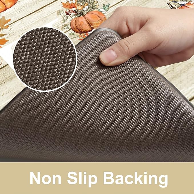 KIMODE Fall Kitchen Mat for Floor Anti Fatigue, Pumpkin Orange Kitchen Mats 2 PCS, Autumn Farmhouse Kitchen Rugs Non Slip, Cushioned Kitchen Floor Mats for Sink, Laundry, Desk 17"x47"+17"x29"
