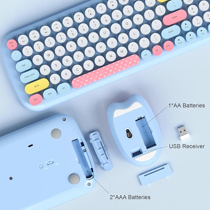 MOFII Wireless Keyboard and Mouse, USB 2.4GHz Full Size Typewriter Keyboard and Cute Cat Shape Design Mouse Combo for Windows 7/8/10, Laptop, Desktop, PC, Computer (Blue Colorful)