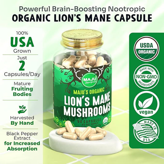 Maju Superfoods Organic Lions Mane Mushroom Capsules 90ct, Fruiting Bodies Steam Extract, Organic Mushrooms with Black Pepper Extract, Hericium Erinaceus