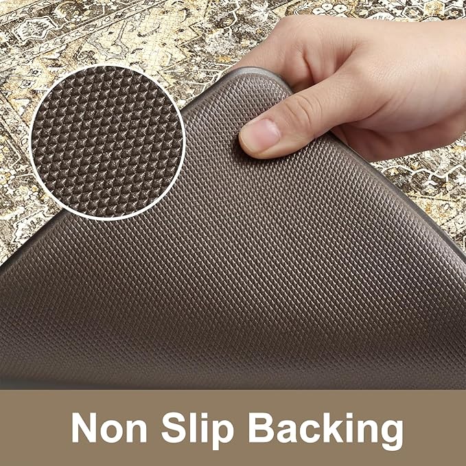 KIMODE Anti Fatigue Kitchen Mat, Boho Distressed Kitchen Rugs Sets of 2, Kitchen Floor Mats Non Slip Cushioned, Waterproof Standing Mat for Laundry, Office, Sink, Desk, Brown 17"x47"+17"x29"